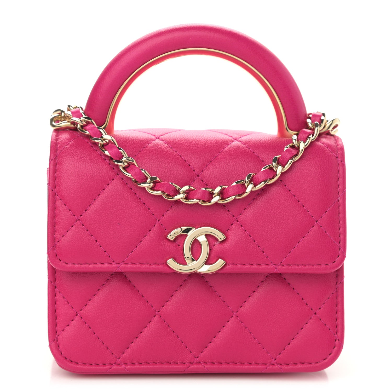 Chanel Lambskin Quilted Top Handle Flap Clutch With Chain Fuchsia 1 of 10