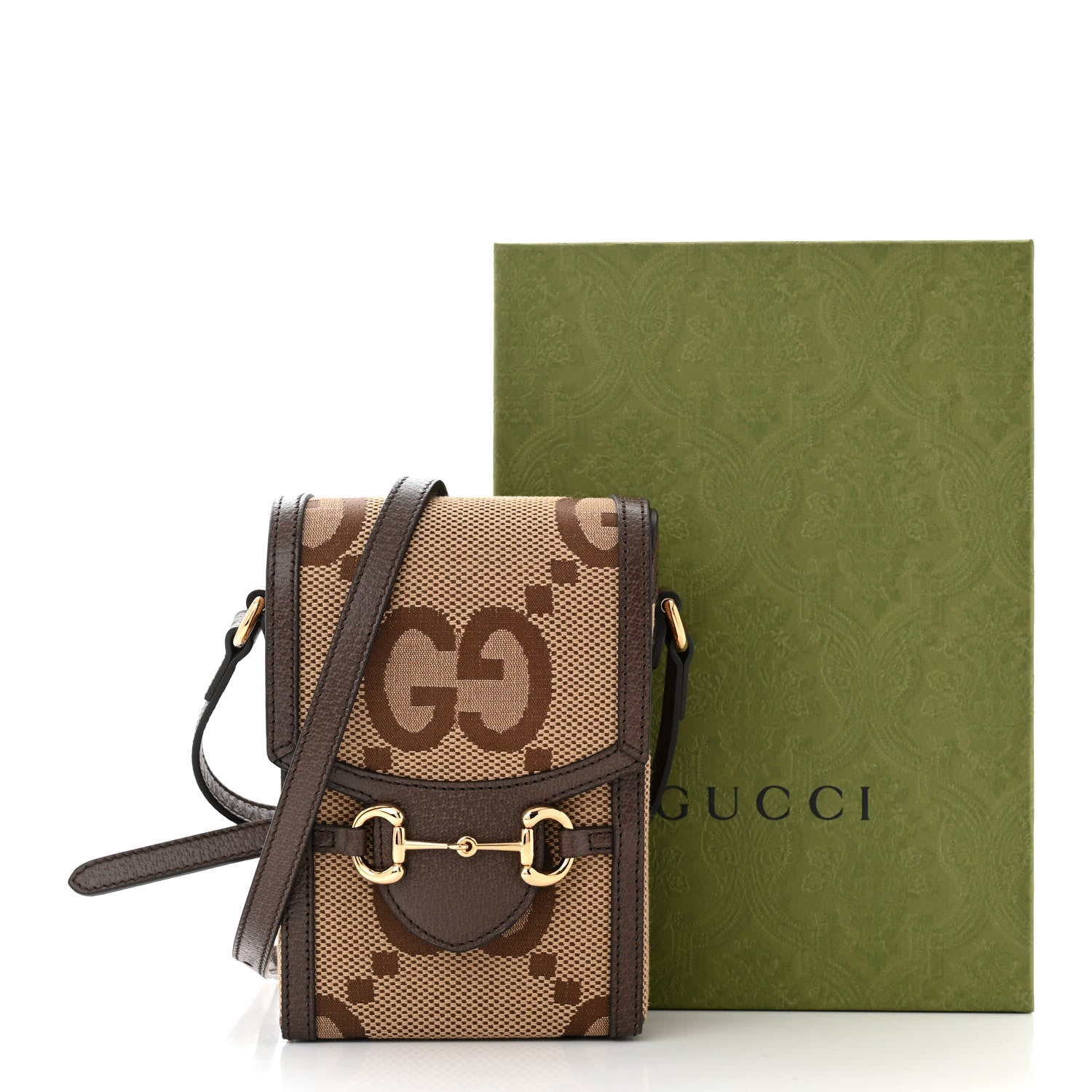 Gucci Monogram Jumbo GG Textured Dollar Calfskin Mini Horsebit 1955 Crossbody Bag Camel Ebony New Acero 11 of 11