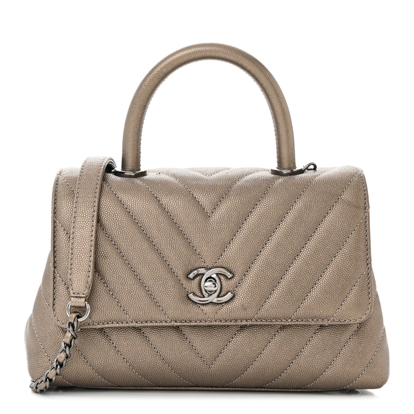 Metallic Caviar Chevron Quilted Mini Coco Handle Flap Light Gold