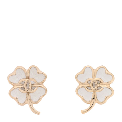 Chanel Metal Resin CC Clover Earrings Gold White 1 of 4