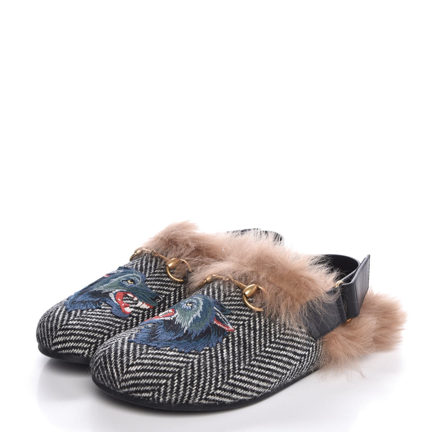 Herringbone Fur Wolf Mens Horsebit River Slingback Slippers 8 Black White