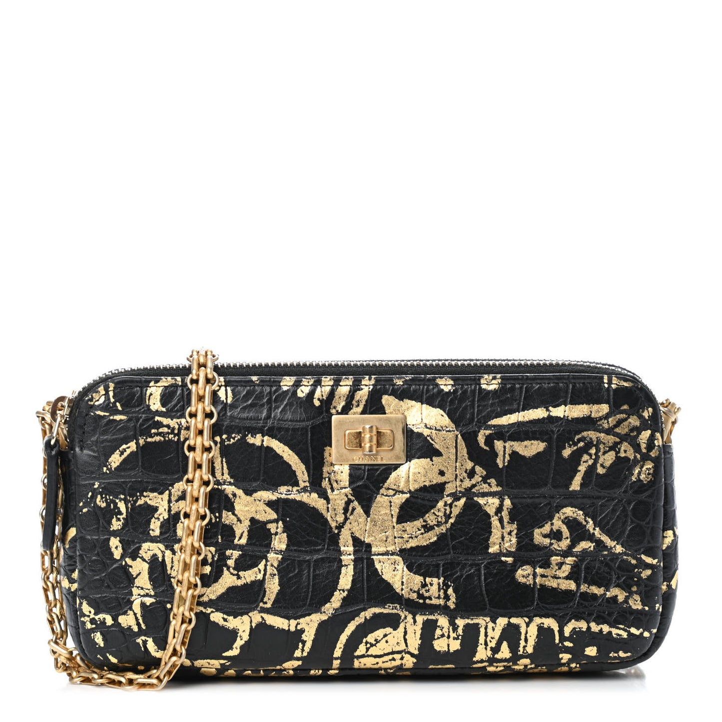 Calfskin Crocodile Embossed Graffiti 2.55 Cocodile Reissue Clutch With Chain Black Gold