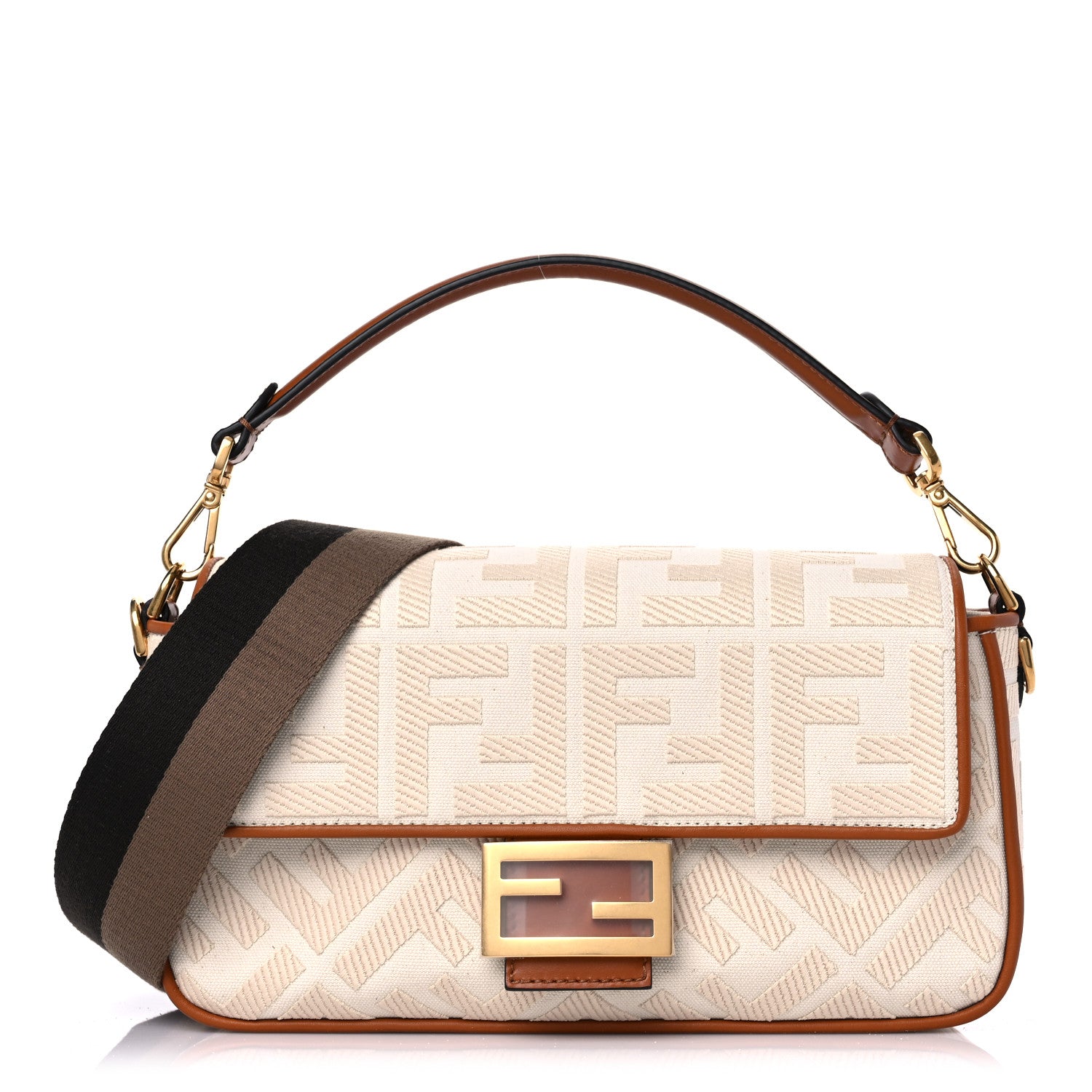 Fendi Canvas Vitello King Bi-Color Strap FF Embroidered Baguette Grezzo Brandy Cuoio 1 of 7
