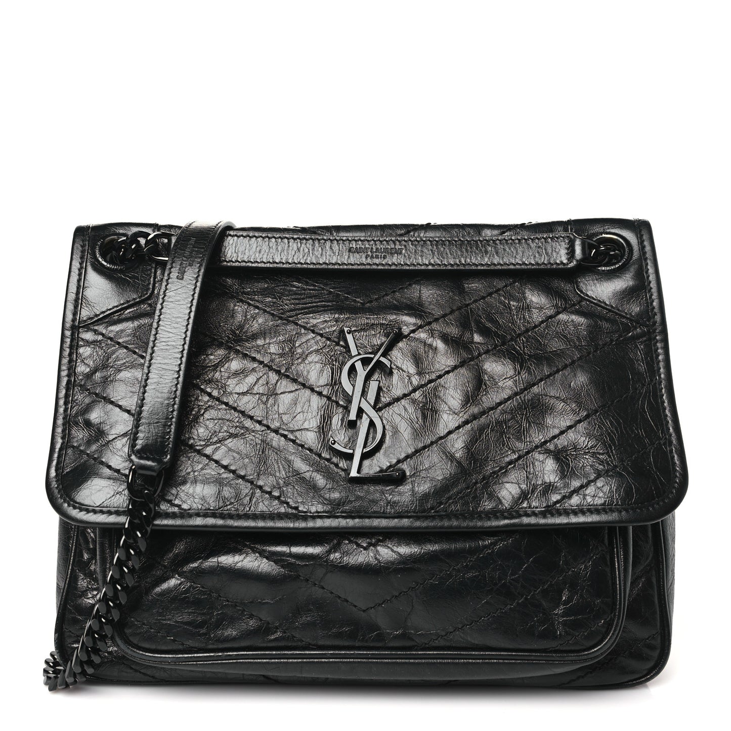 Crinkled Calfskin Matelasse Monogram Medium Niki Chain Satchel Black