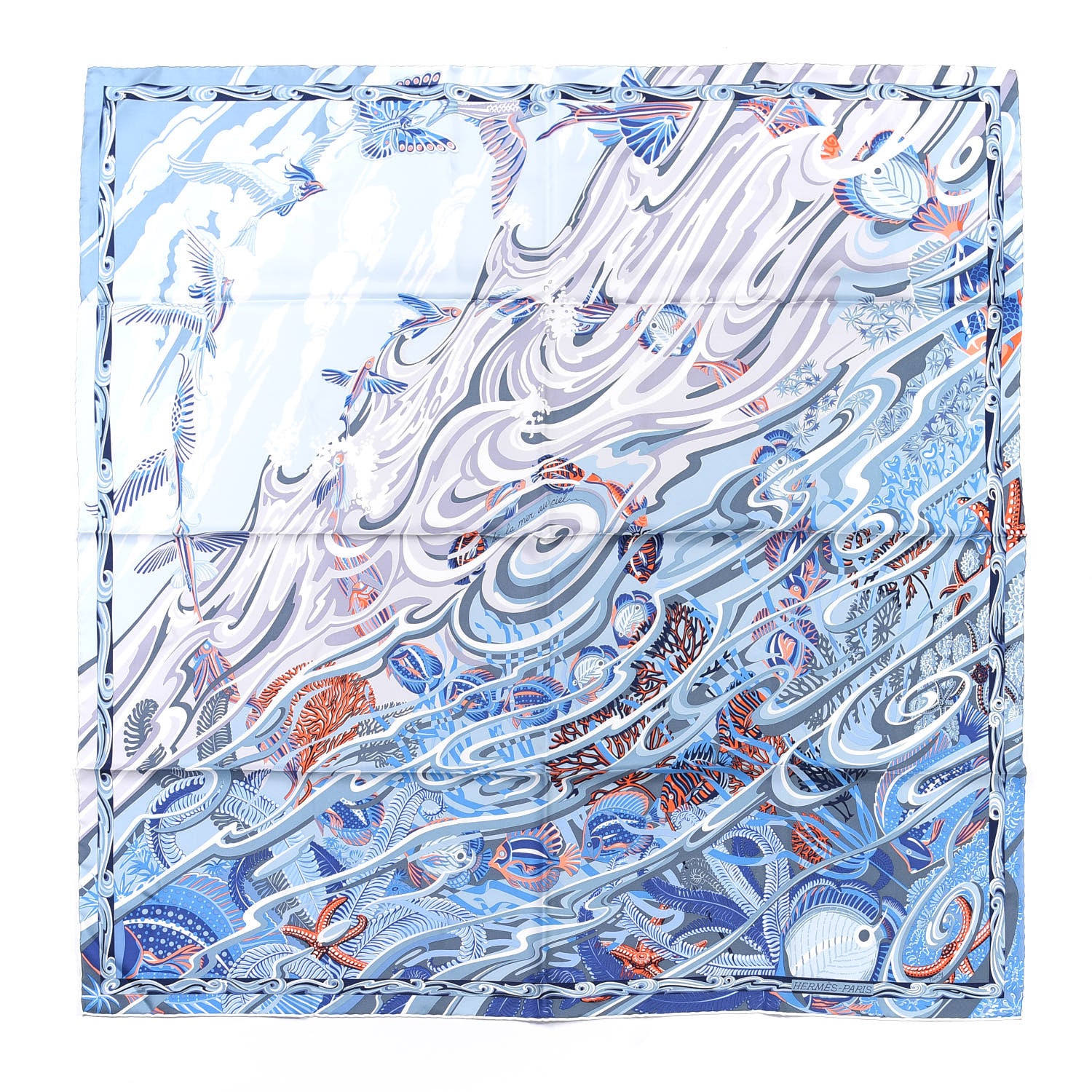 Hermes Silk De la Mer Au Ciel Scarf 90 Blue Jean Ceil Corail 1 of 4
