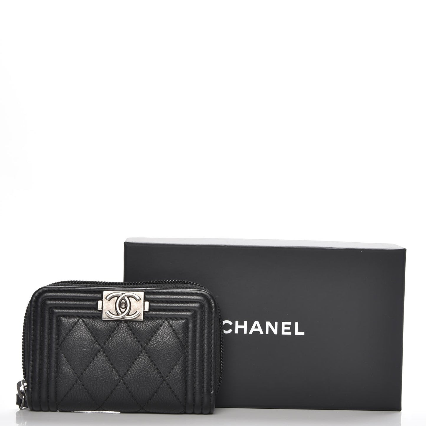 Calfskin Quilted Zip Around Boy Coin Purse Wallet Black