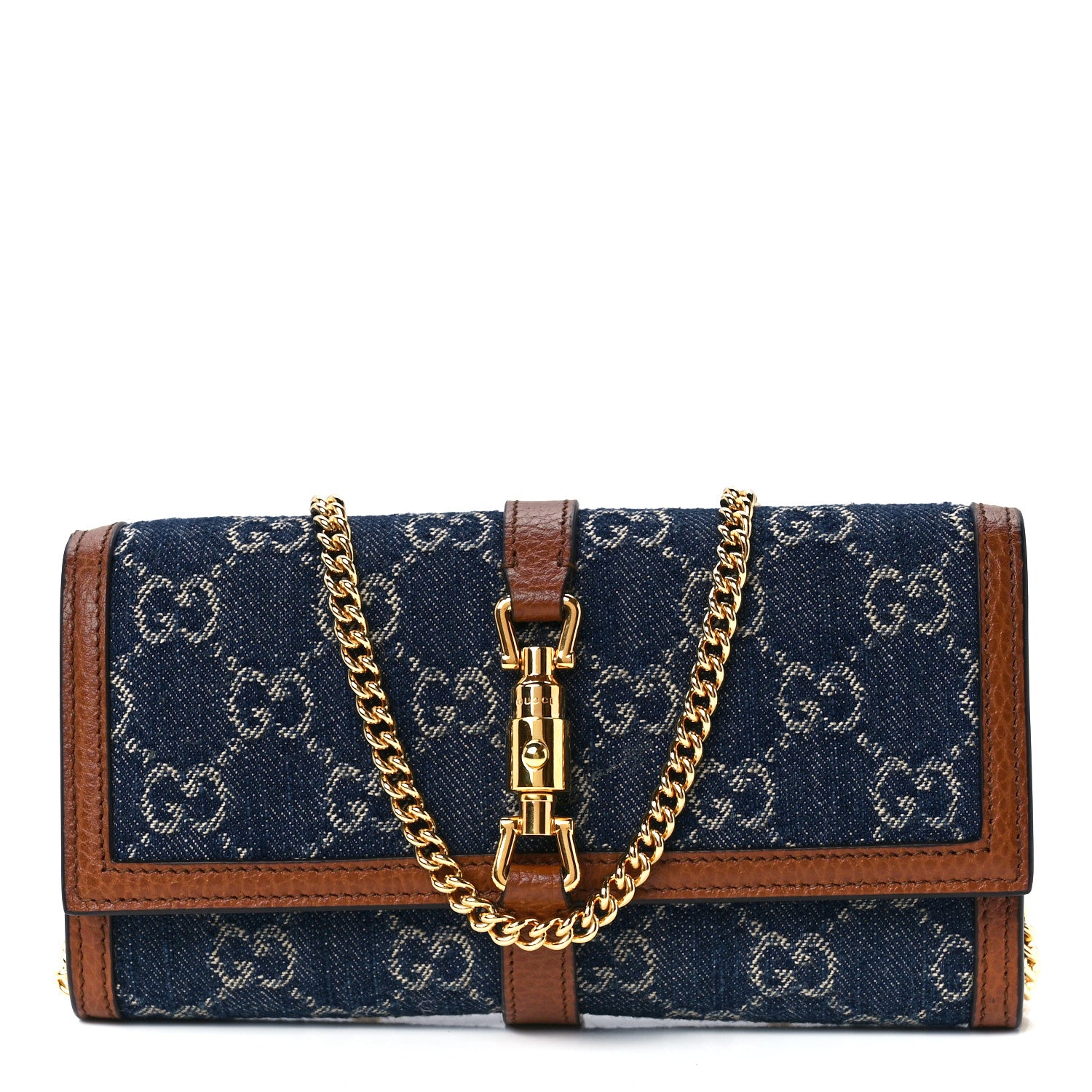 Gucci New Denim GG Monogram Jackie 1961 Chain Wallet Blue Tea Cuir 1 of 11