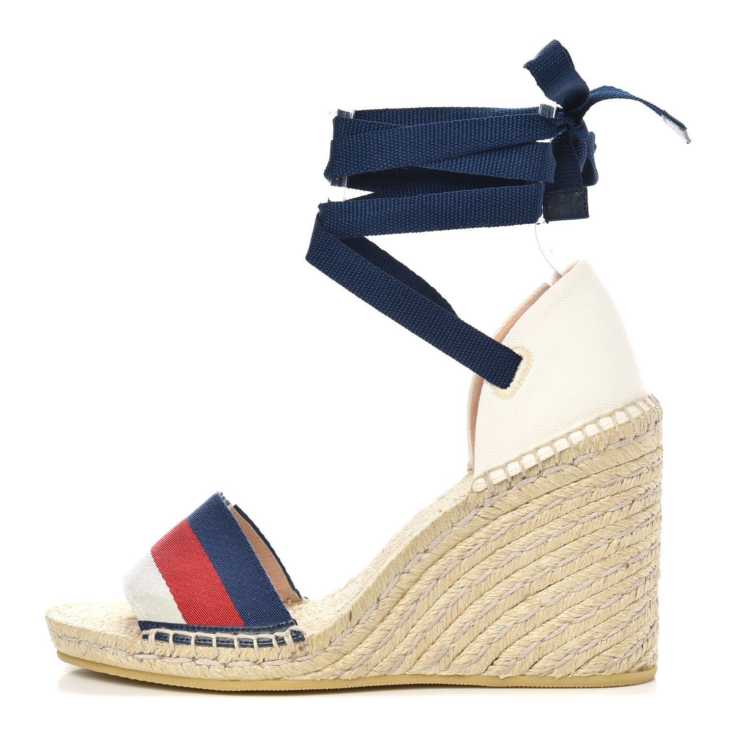 Gucci Canvas Sylvie Web Ankle Wrap Espadrille Wedge Sandals 39 Mystic White Hibiscus Red Maritime 1 of 9