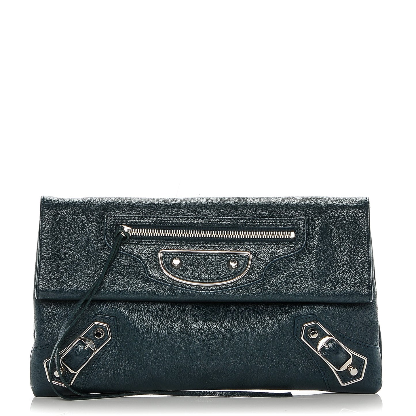 Chevre Silver Metallic Edge Hardware Envelope Clutch Bleu Nuit