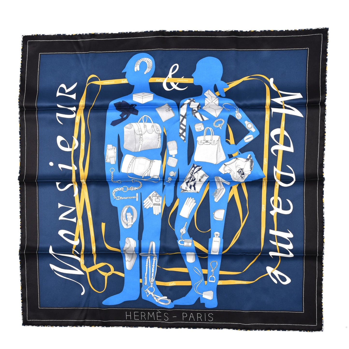 Vintage Silk Monsieur et Madame Scarf 70 Marine Cobalt Gold