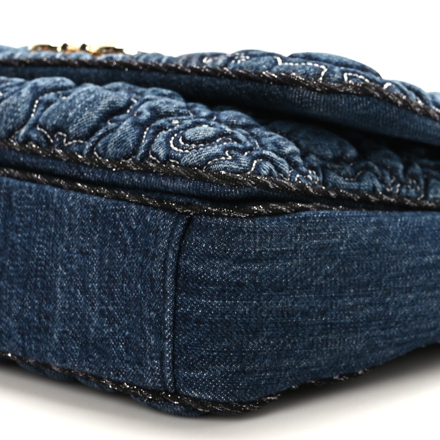 Denim Quilted Gancini Flap Bag Blue