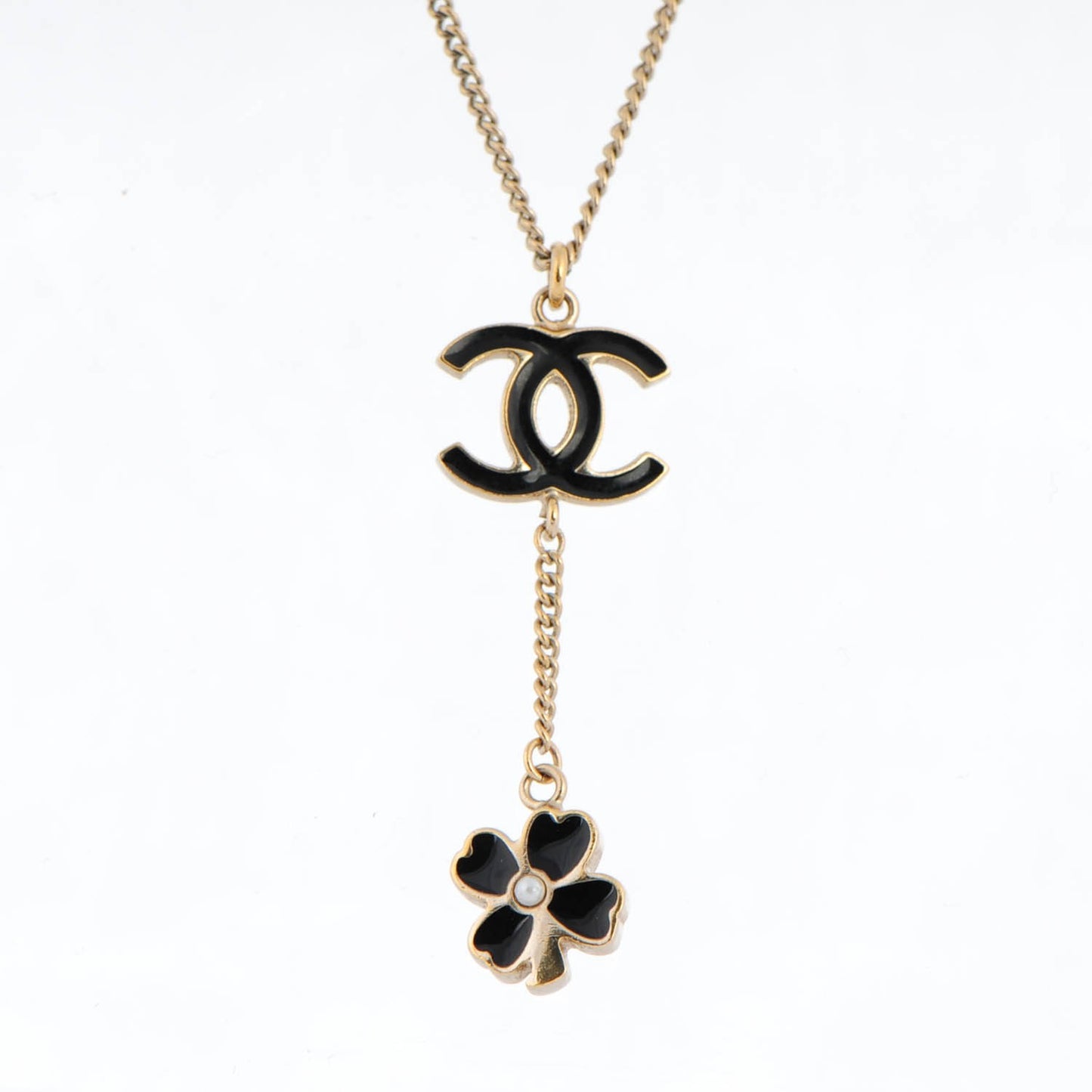 Enamel CC Camellia Flower Drop Necklace Black Gold