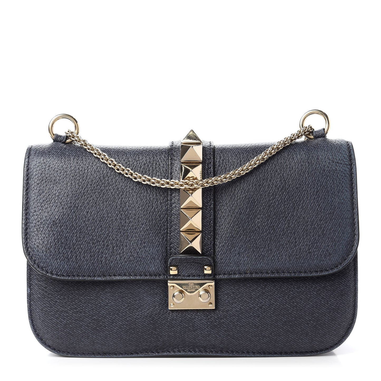 Pebbled Calfskin Medium Glam Lock Rockstud Flap Deep Denim