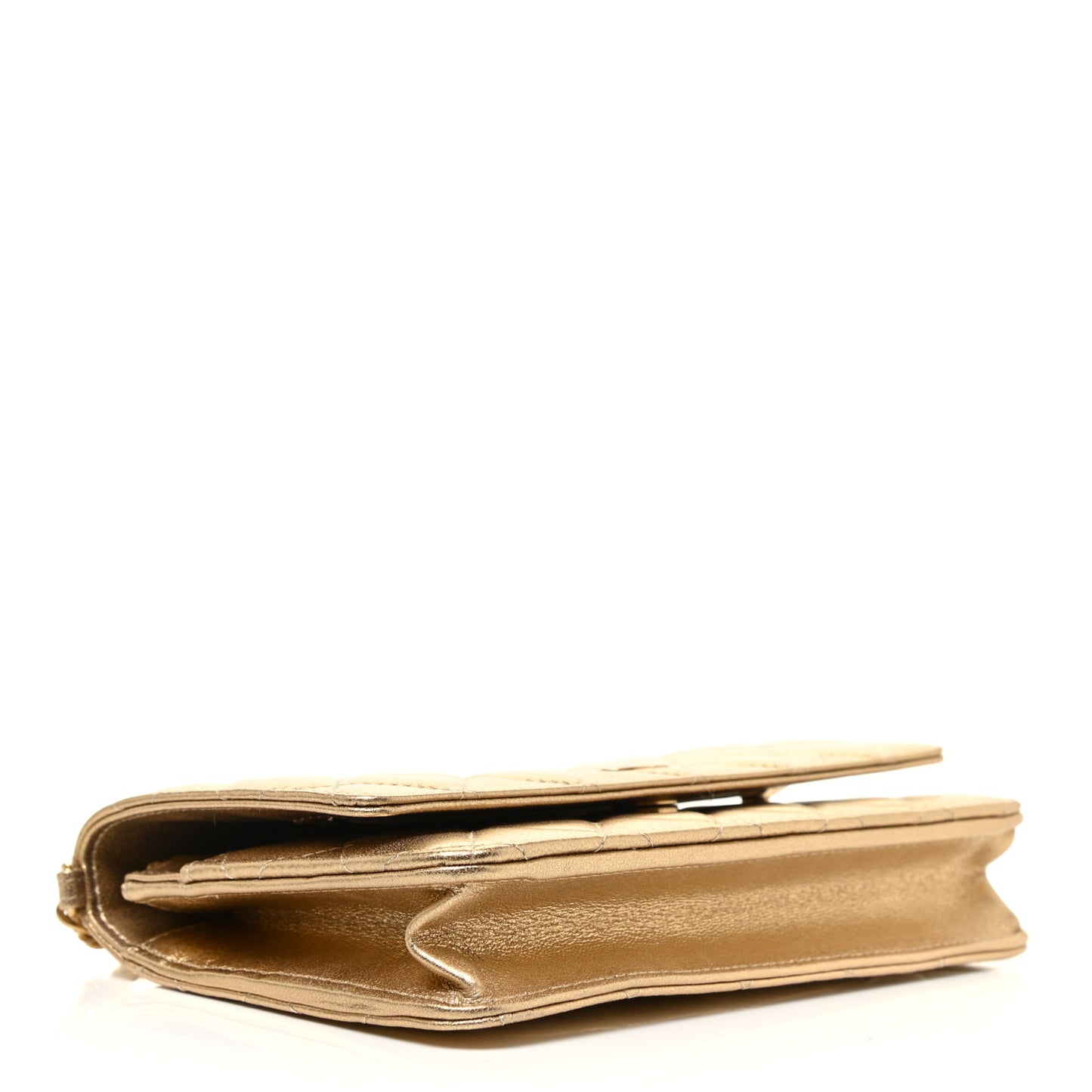 Metallic Lambskin Quilted Wallet On Chain WOC Gold