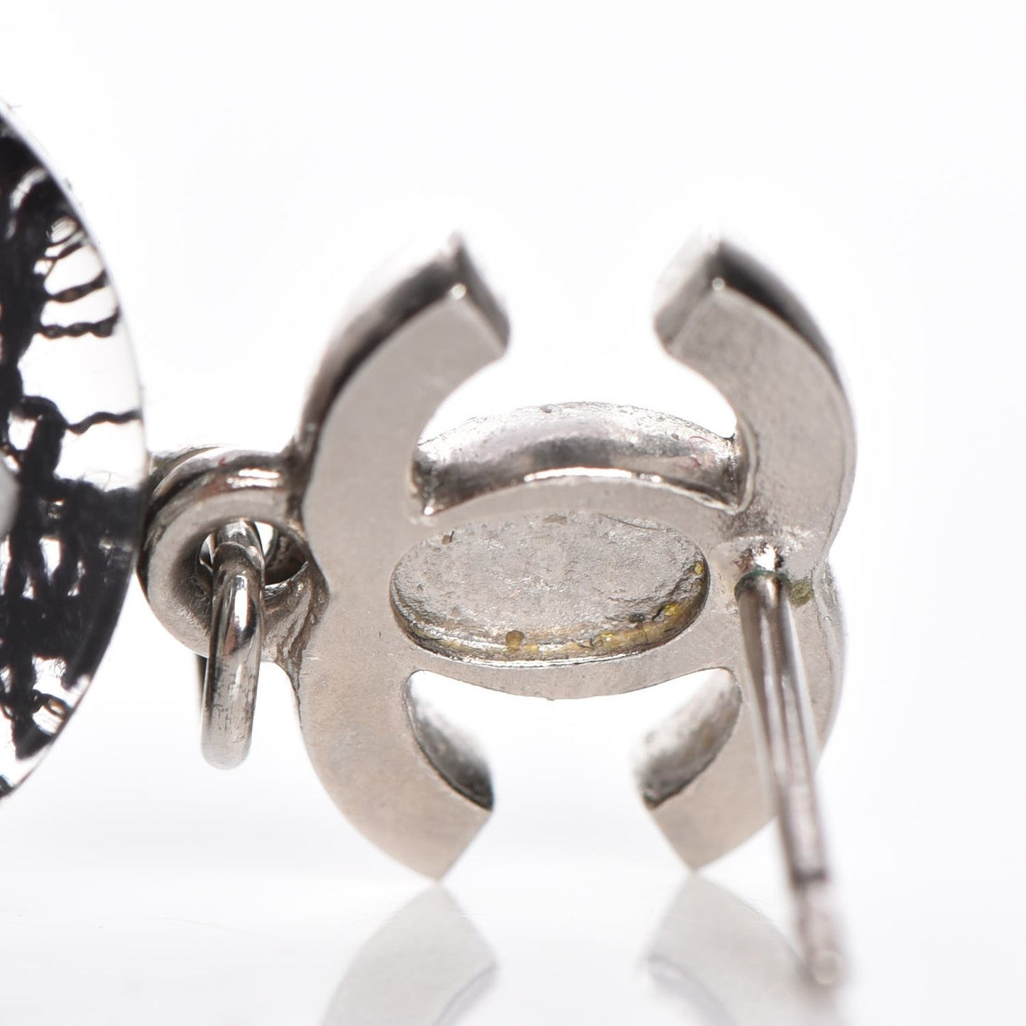 Resin Crystal Pearl Lace CC Drop Earrings Black Silver