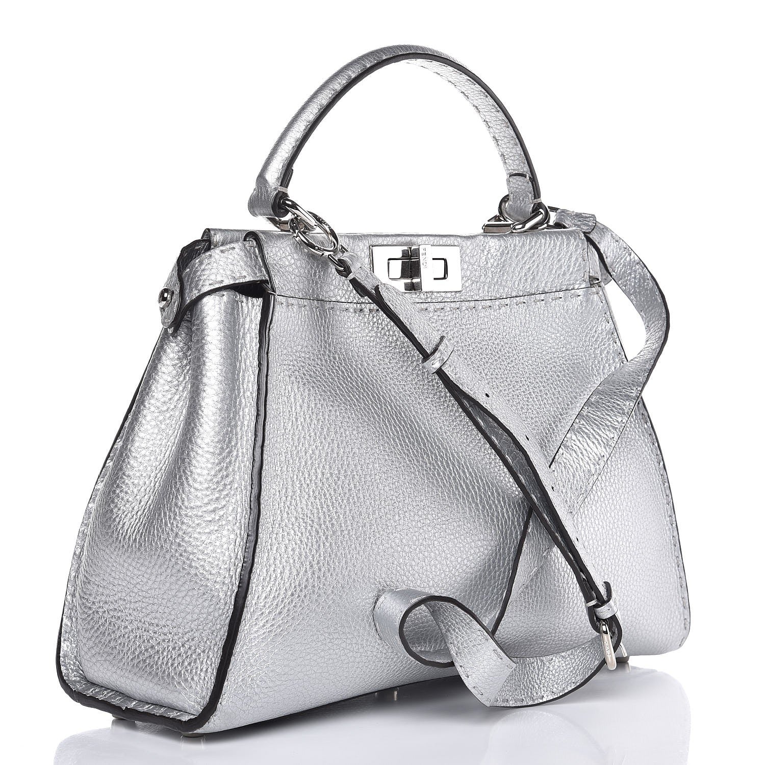 Fendi Cuoio Romano Lux Selleria Medium Peekaboo Iconic Satchel Argento 4 of 9
