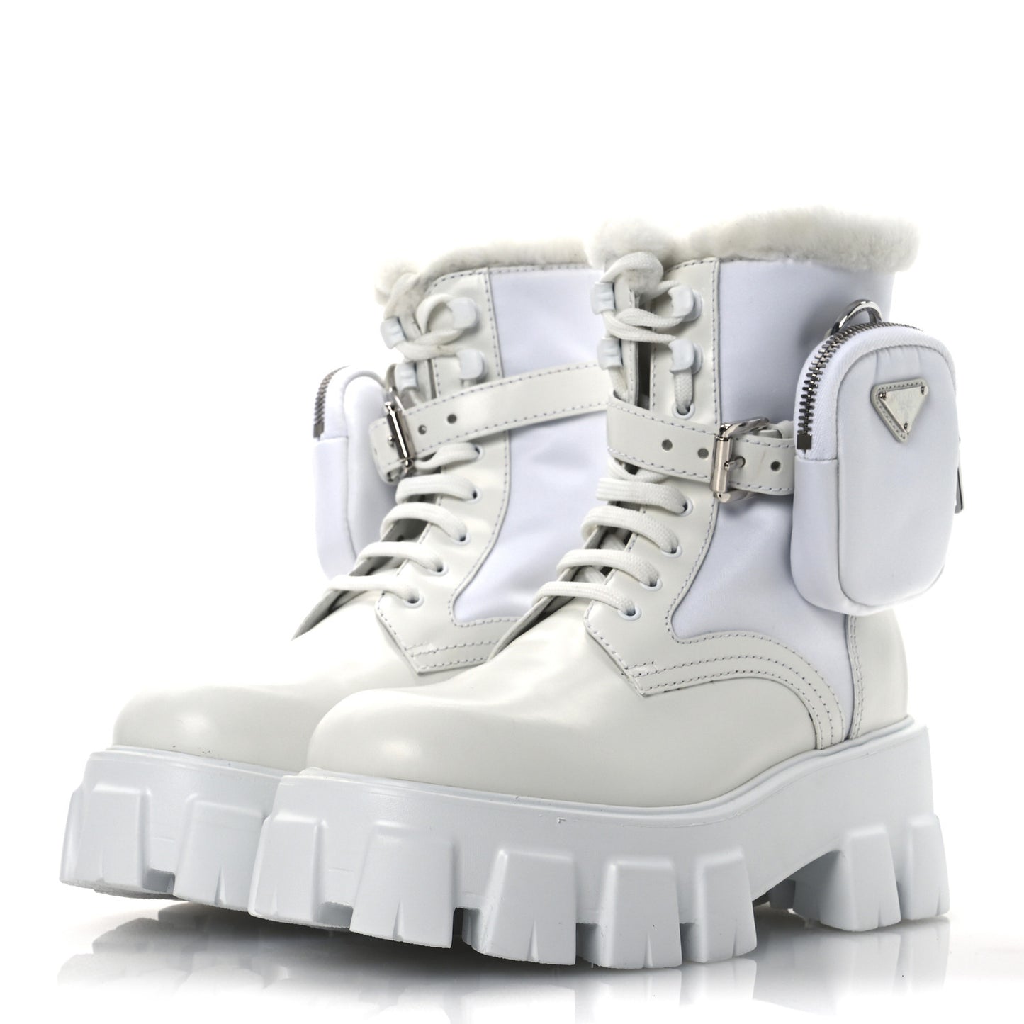 Spazzolato Rois Nylon Shearling Metal Triangle Logo Monolith Pouch Pocket 55mm Boots 35.5 White