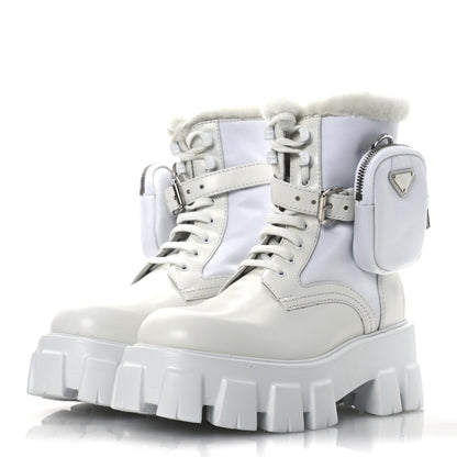 Prada Spazzolato Rois Nylon Shearling Metal Triangle Logo Monolith Pouch Pocket 55mm Boots 35.5 White 4 of 13