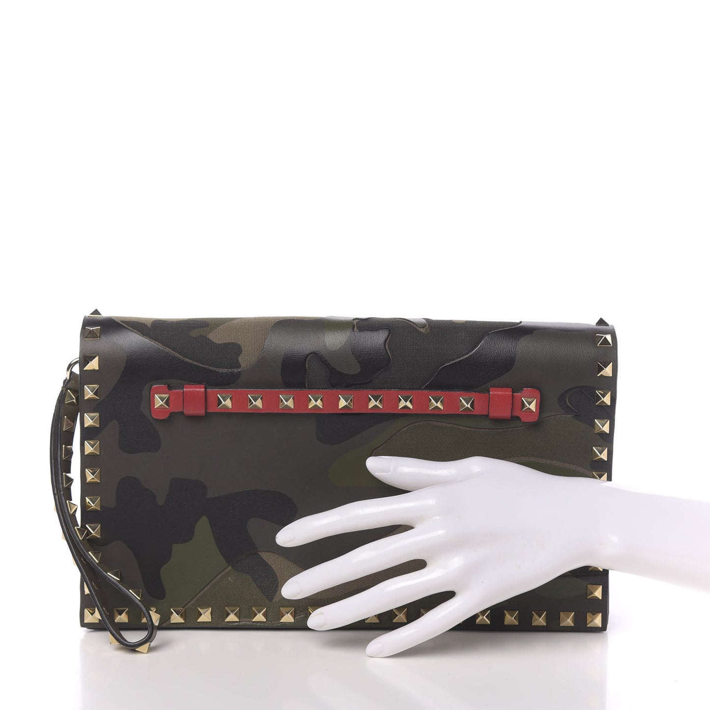 Nappa Canvas Camouflage Rockstud Wristlet Clutch Verde Rouge