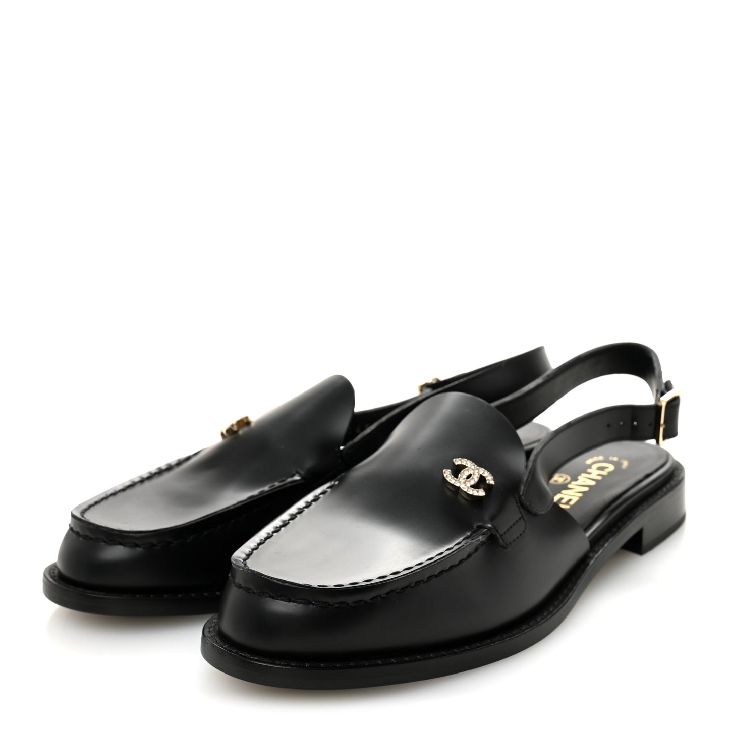 Calfskin Crystal Slingback Loafers 39 Black