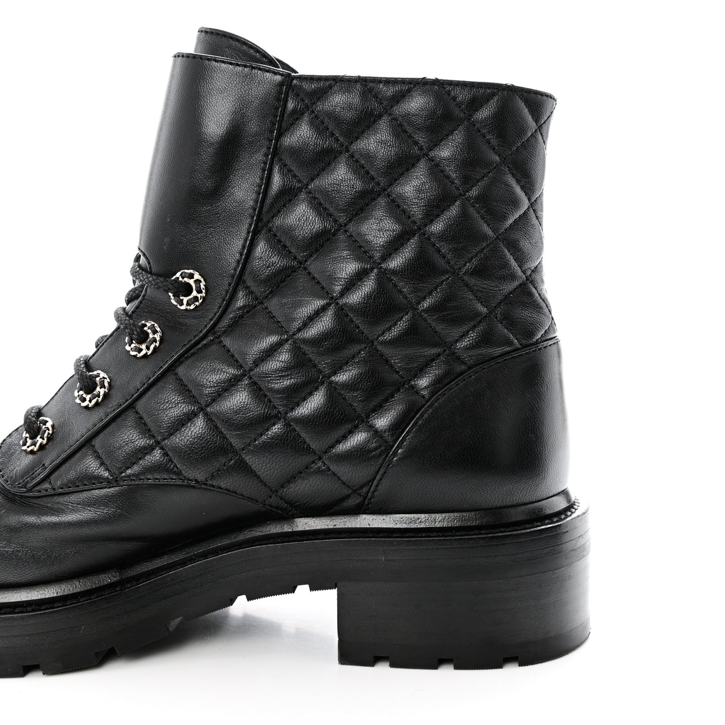 Shiny Calfskin Quilted Lace Up Combat Boots 40.5 Black