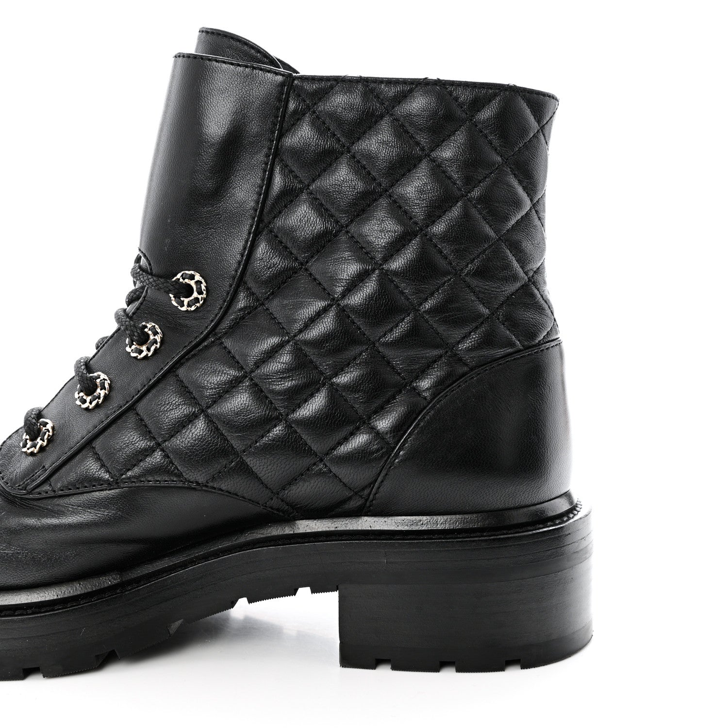Chanel Shiny Calfskin Quilted Lace Up Combat Boots 40.5 Black 9 of 12
