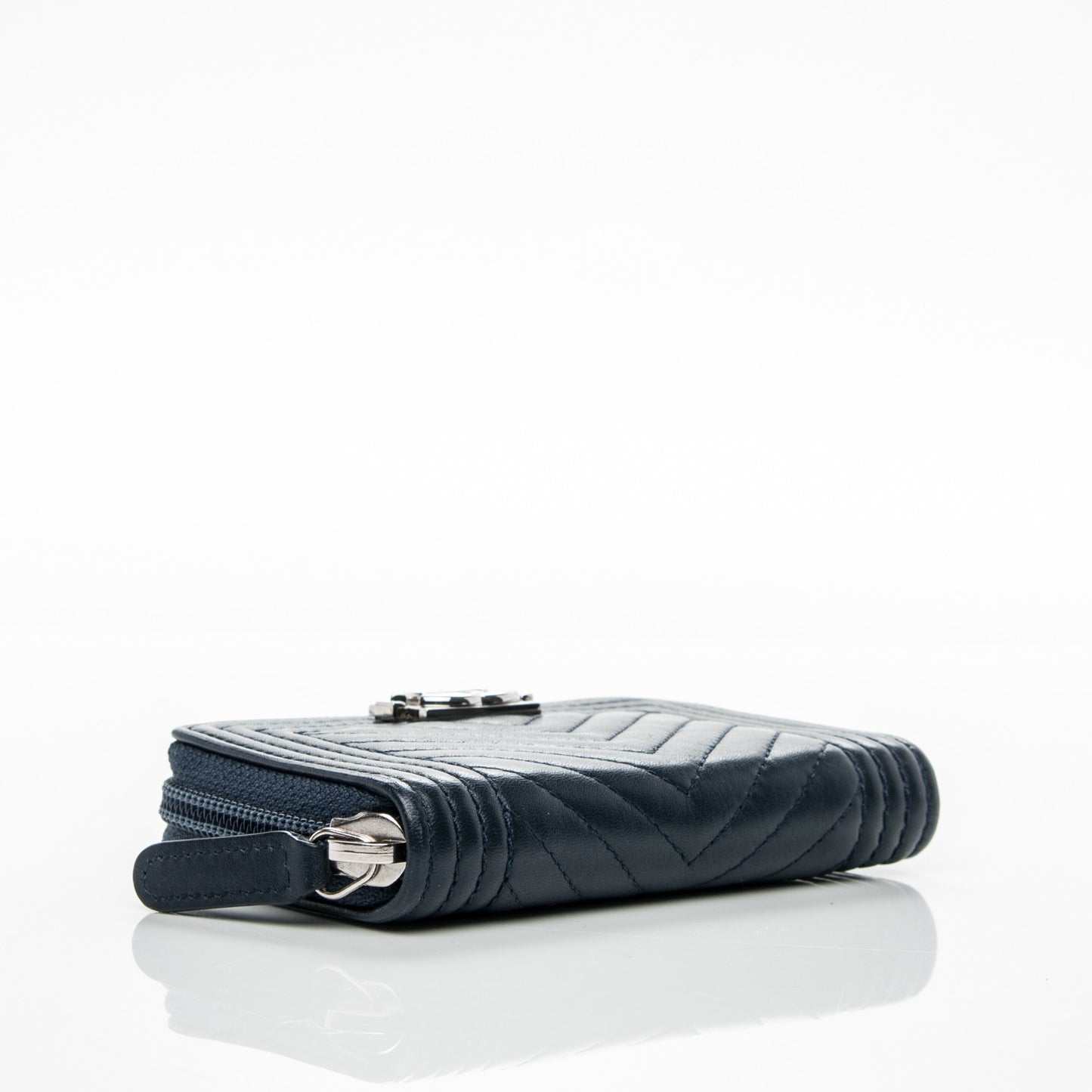 Calfskin Chevron Zip Around Boy Coin Purse Wallet Dark Navy