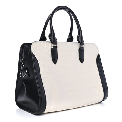 Alexander McQueen Calfskin Crocodile Embossed Small Skull Padlock Zip Around Tote White Black 2 of 4