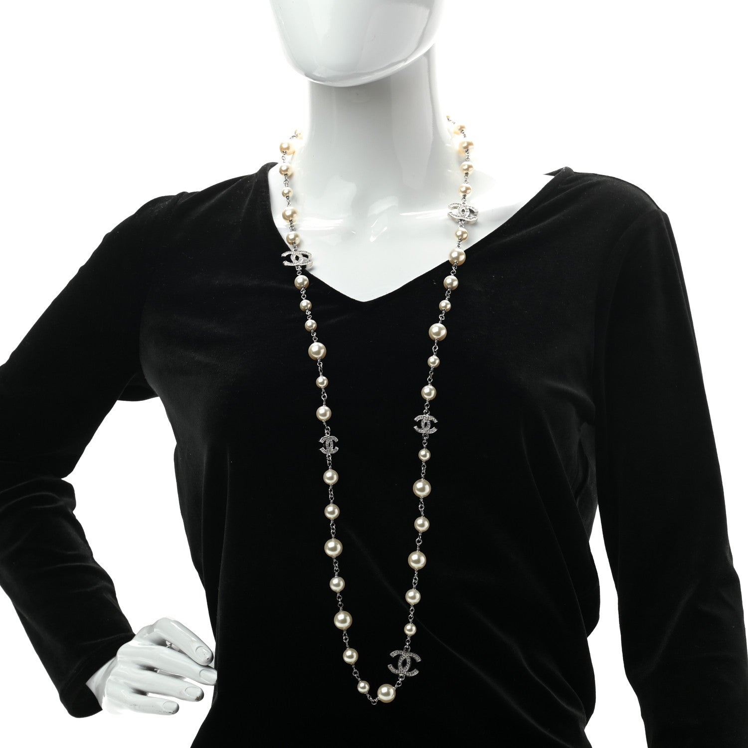 Chanel Crystal Pearl CC Long Necklace Silver 2 of 8