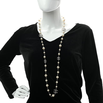 Chanel Crystal Pearl CC Long Necklace Silver 2 of 8