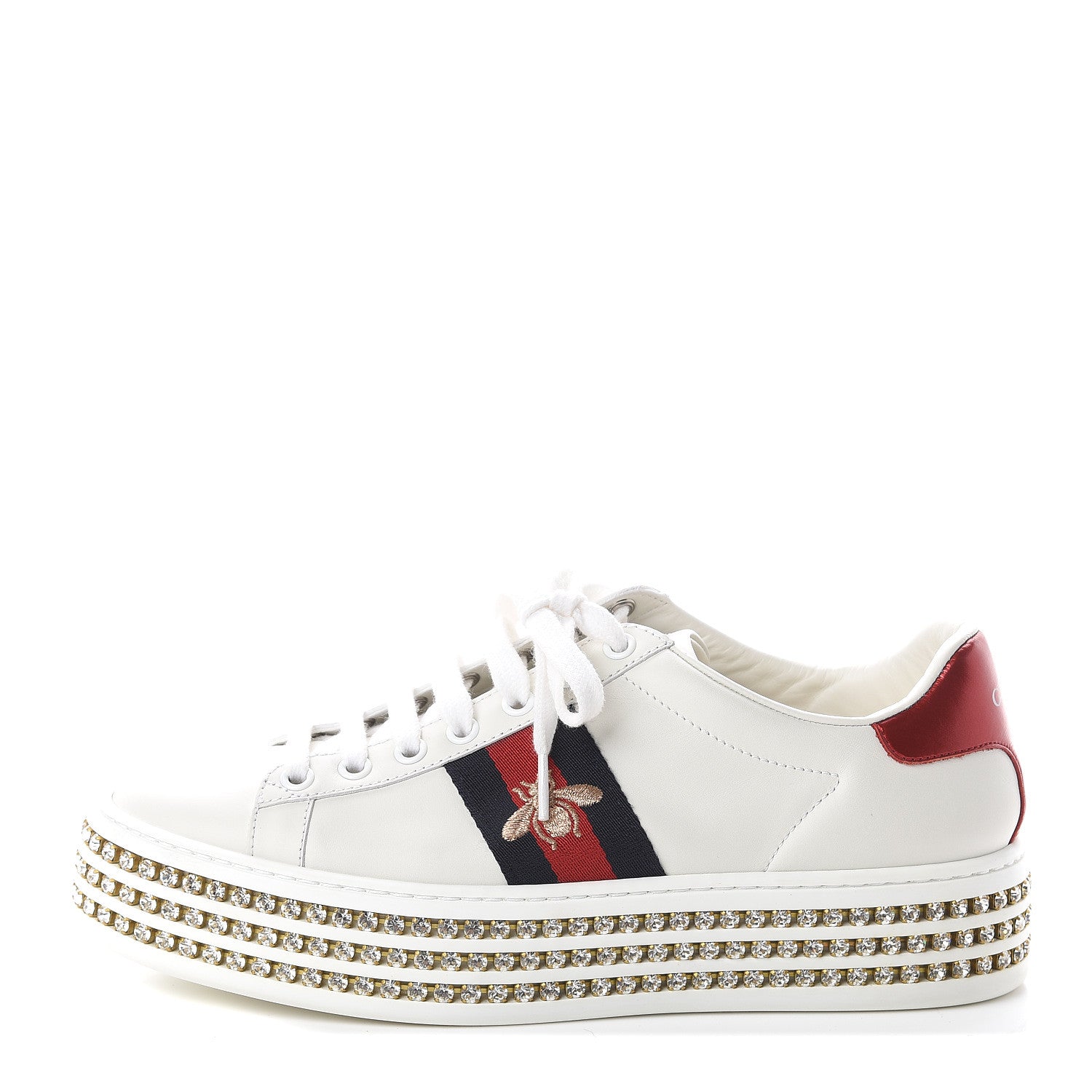 Gucci Calfskin Crystal Web Bee Embroidered Womens Ace Platform Sneakers 37 White 1 of 7