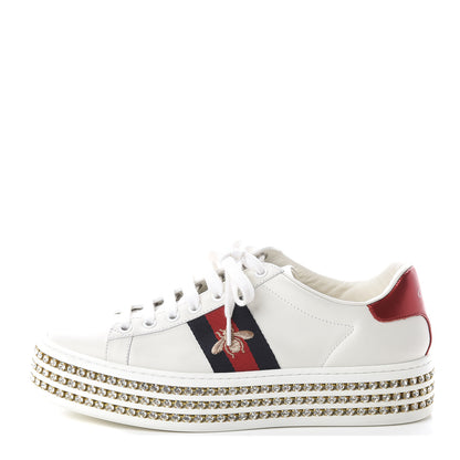 Gucci Calfskin Crystal Web Bee Embroidered Womens Ace Platform Sneakers 37 White 1 of 7