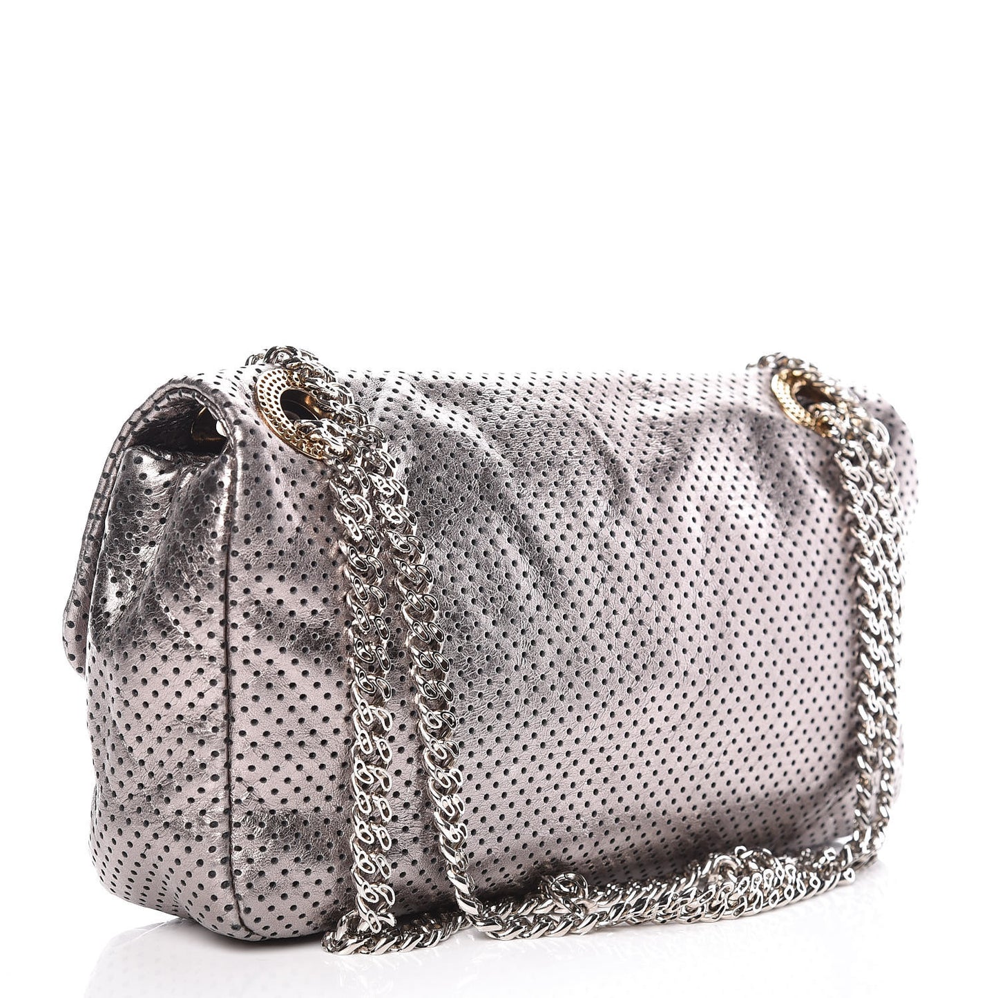 Metallic Crackled Calfskin Perforated Drill Flap Silver