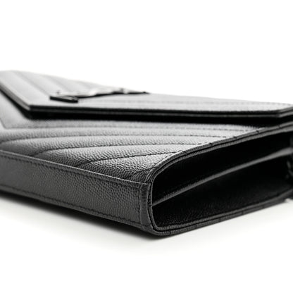 Saint Laurent Grain De Poudre Matelasse Chevron Monogram Monochrome Chain Wallet Black 9 of 10