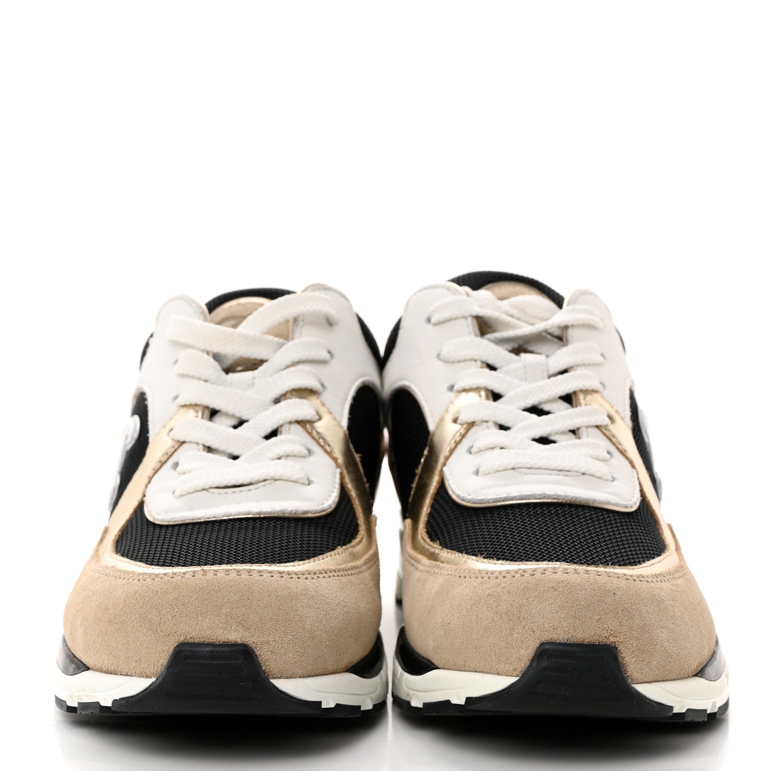 Chanel Mesh Suede Calfskin Womens CC Sneakers 39 White Black Beige Gold 2 of 9