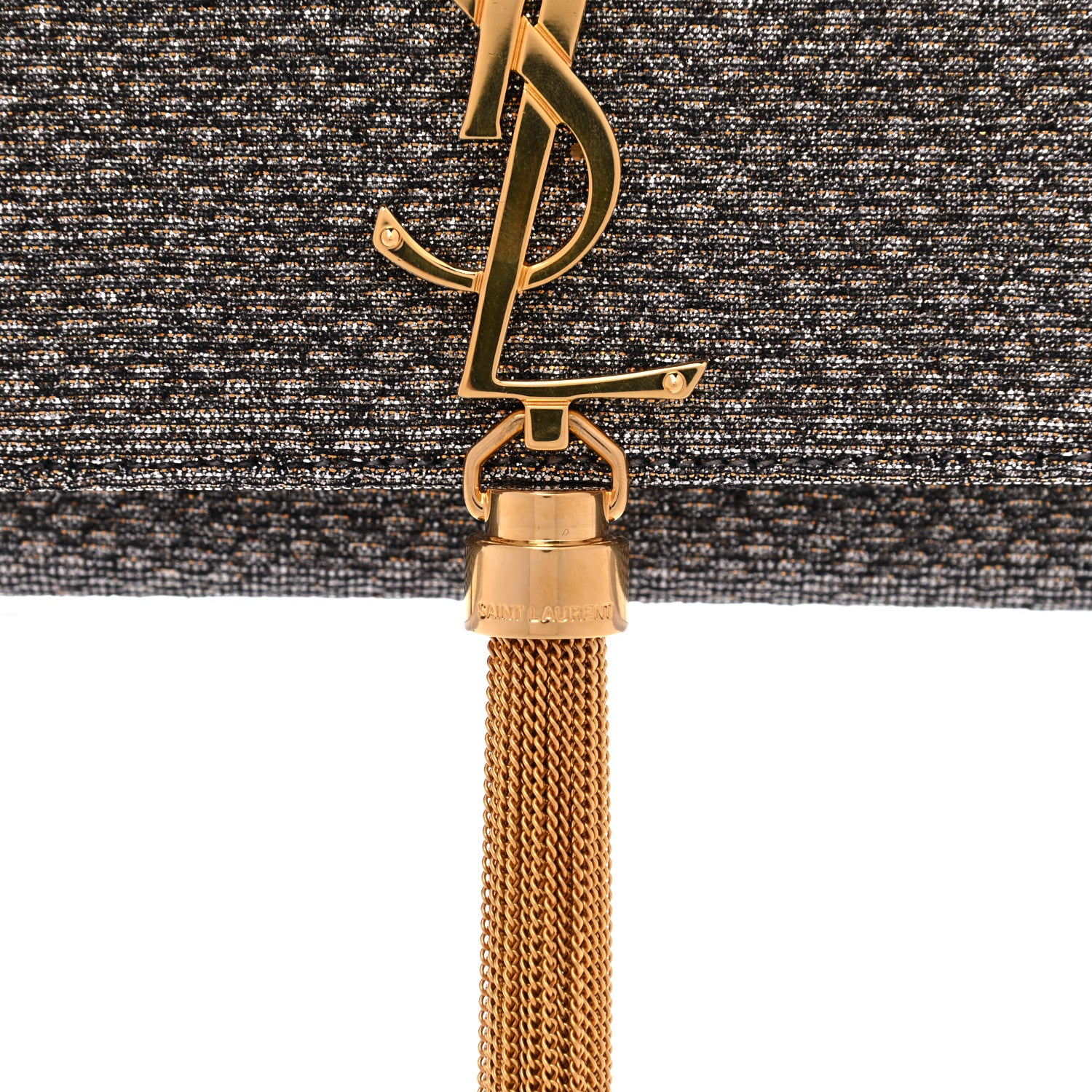 Saint Laurent Metallic Canvas Woven Classic Monogram Tassel Clutch Silver Gold 13 of 13