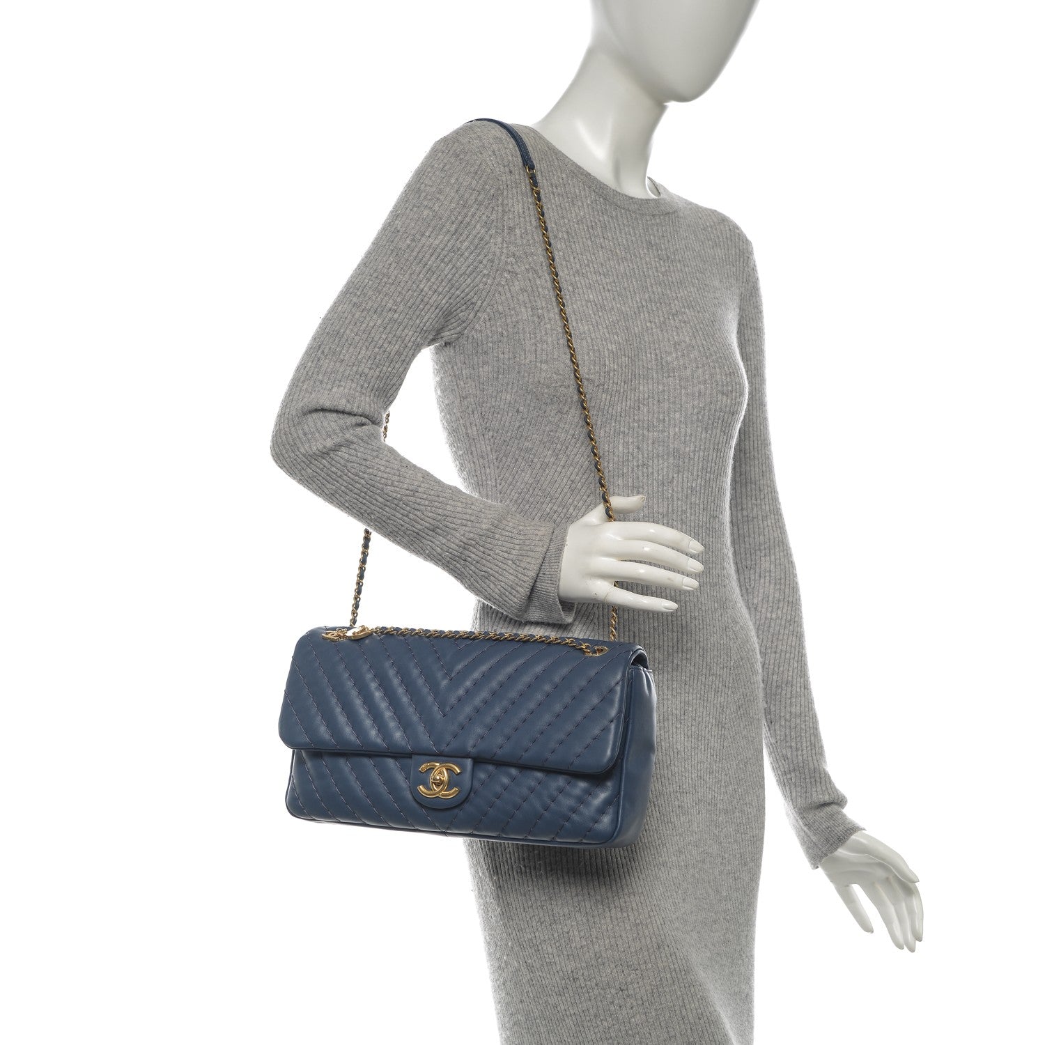 Chanel Calfskin Surpique Chevron Large Flap Blue 2 of 7