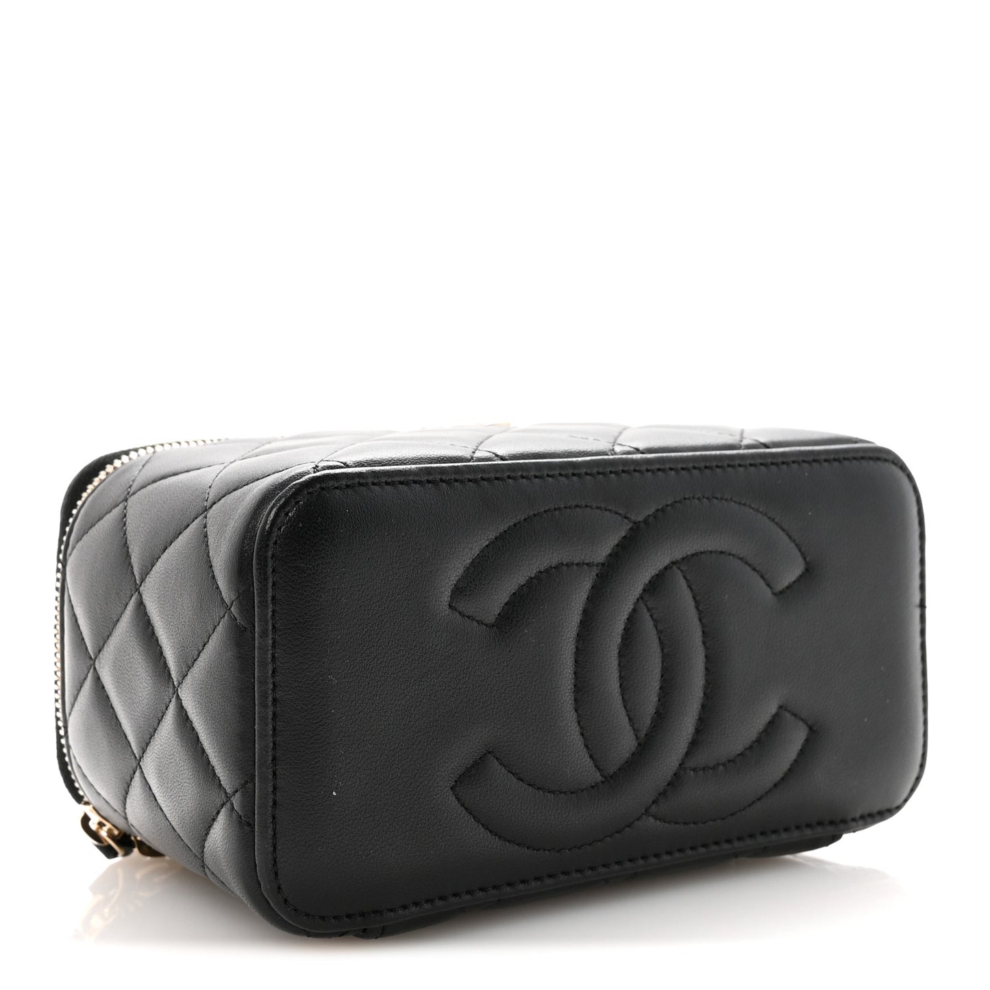 Lambskin Quilted Small Top Handle Vanity Case With Chain Black