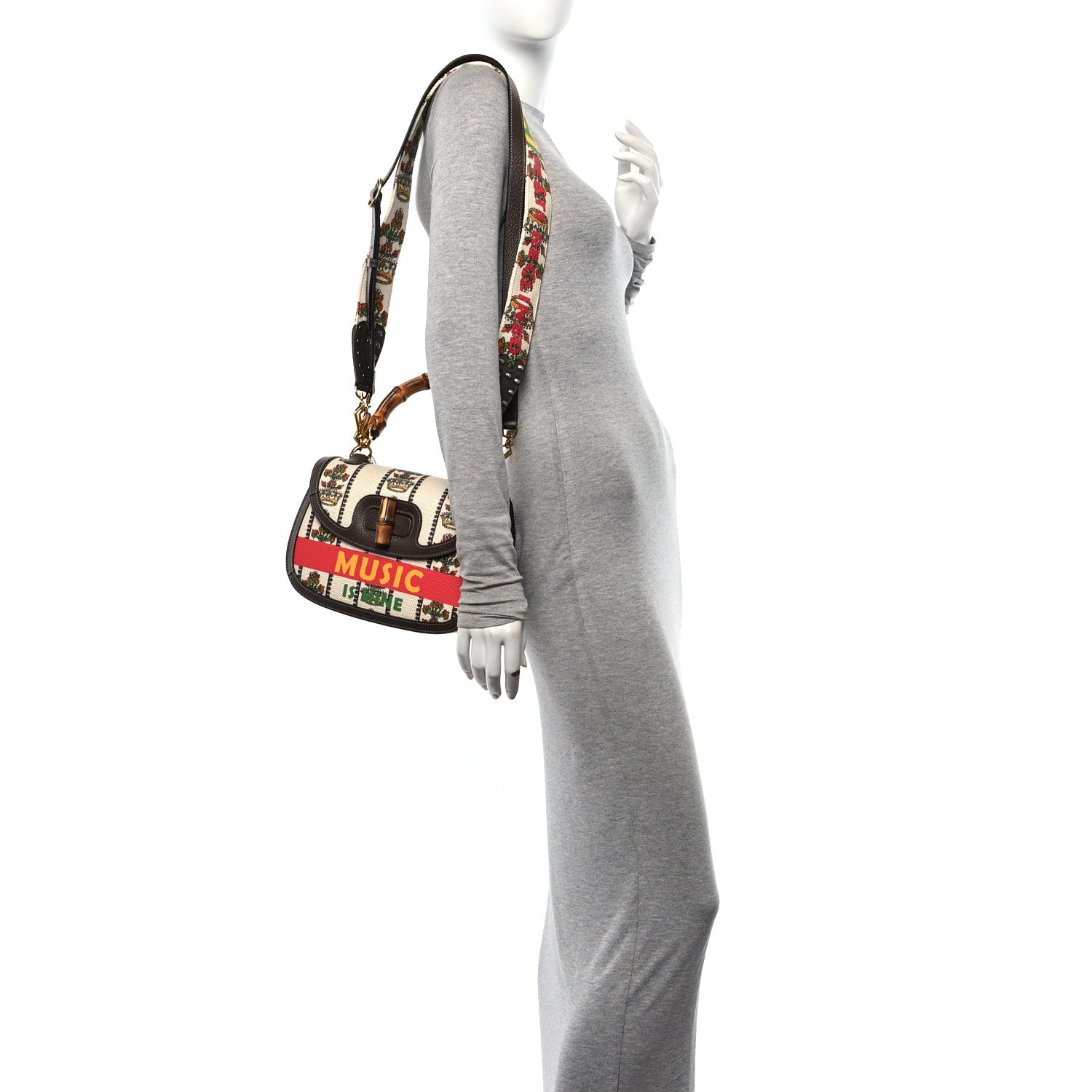 Gucci Canvas Calfskin 100 Centennial Music Medium Bamboo 1947 Top Handle Bag Multicolor 2 of 12