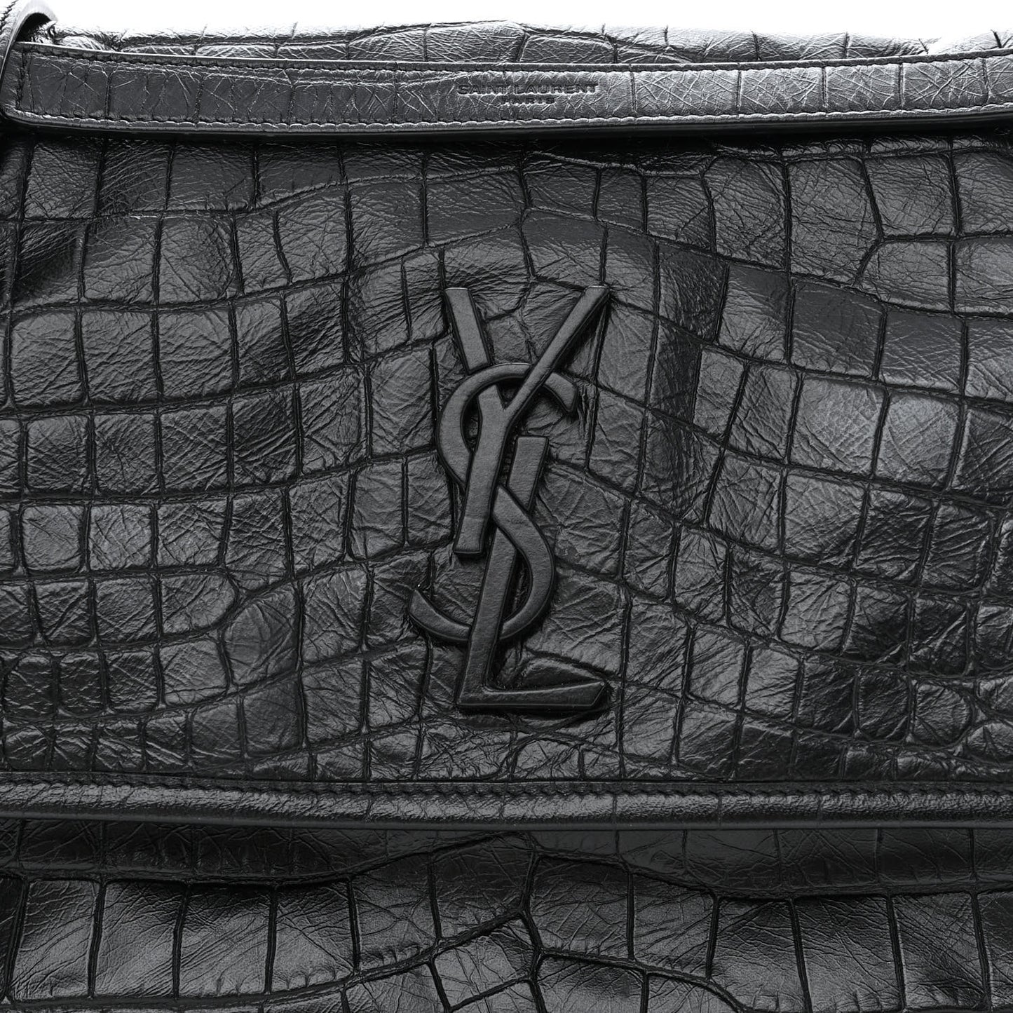 Crinkled Calfskin Crocodile Embossed Monogram Medium Niki Chain Satchel Black