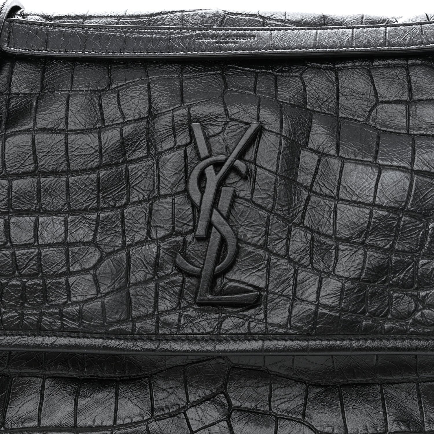 Saint Laurent Crinkled Calfskin Crocodile Embossed Monogram Medium Niki Chain Satchel Black 8 of 10