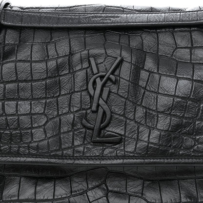 Saint Laurent Crinkled Calfskin Crocodile Embossed Monogram Medium Niki Chain Satchel Black 8 of 10