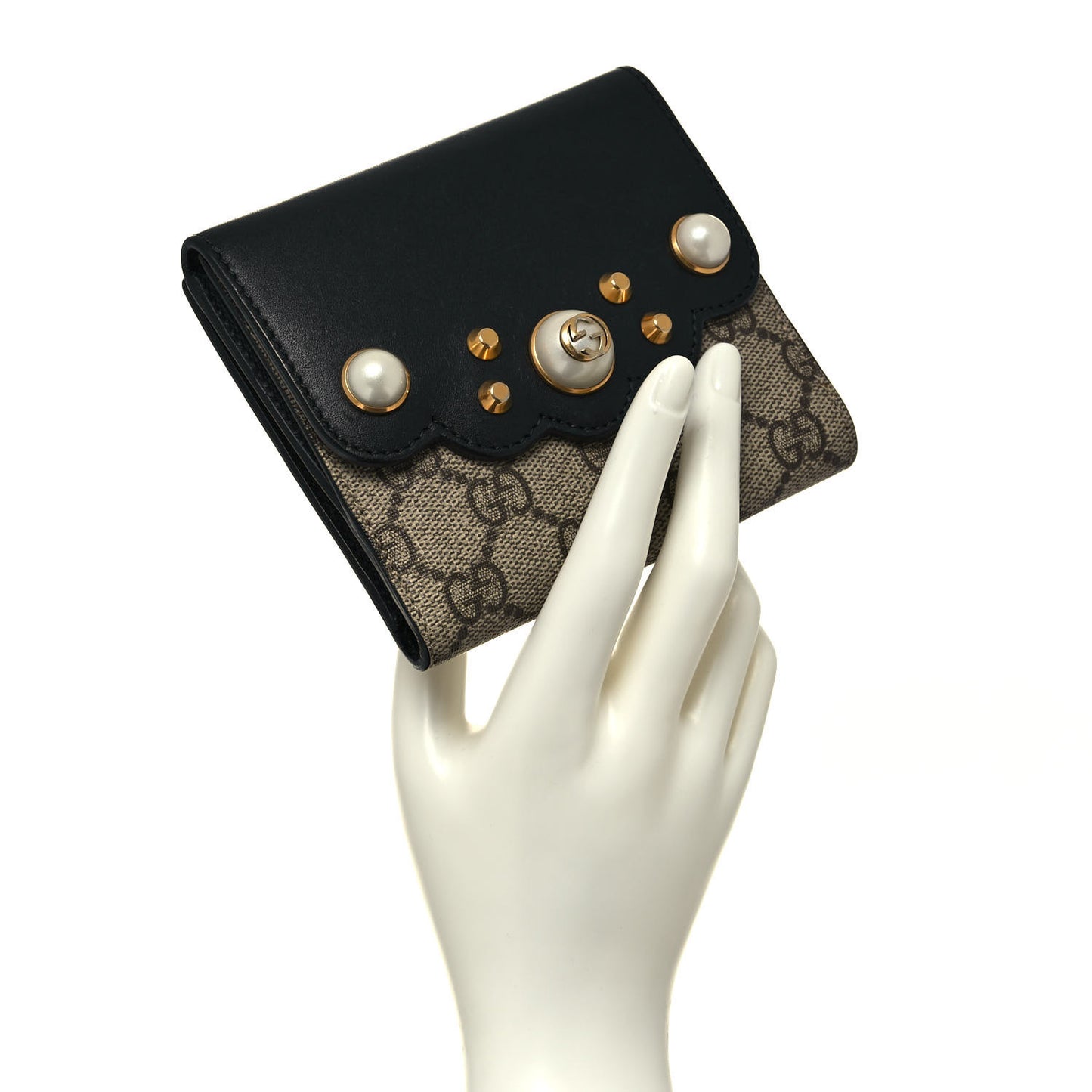 GG Supreme Monogram Pearl Studded French Wallet Black