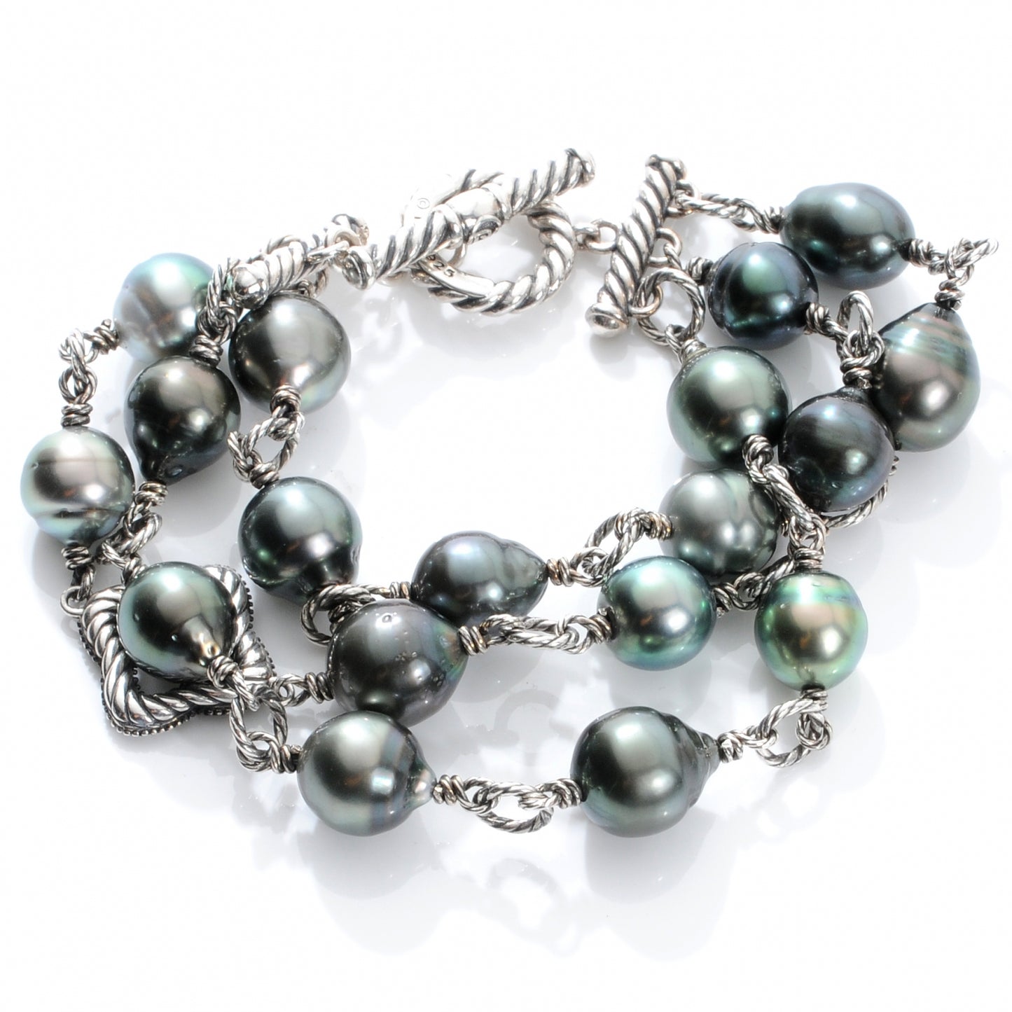 Sterling Silver Diamond Tahitian Pearl Quatrefoil Mutli Row Bracelet