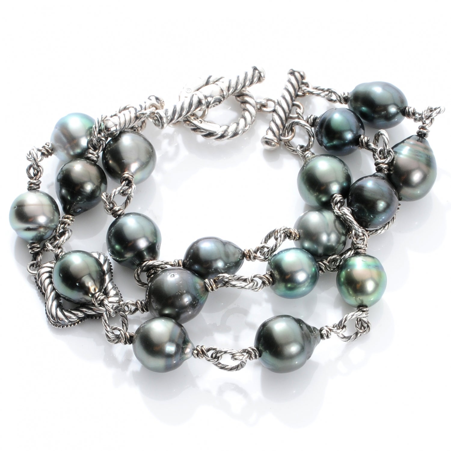 David Yurman Sterling Silver Diamond Tahitian Pearl Quatrefoil Mutli Row Bracelet 1 of 4