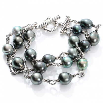David Yurman Sterling Silver Diamond Tahitian Pearl Quatrefoil Mutli Row Bracelet 1 of 4