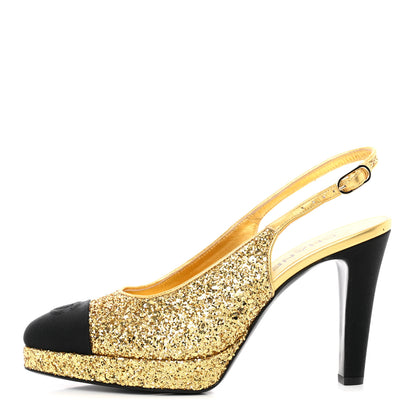 Chanel Glitter Grosgrain Cap Toe CC Slingback Pumps 39.5 Gold Black 1 of 17