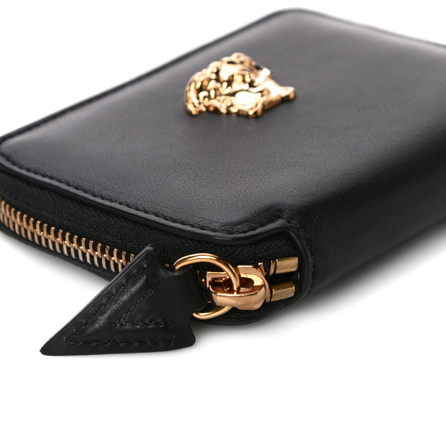 Calfskin Medusa Compact Zip Around Wallet Black