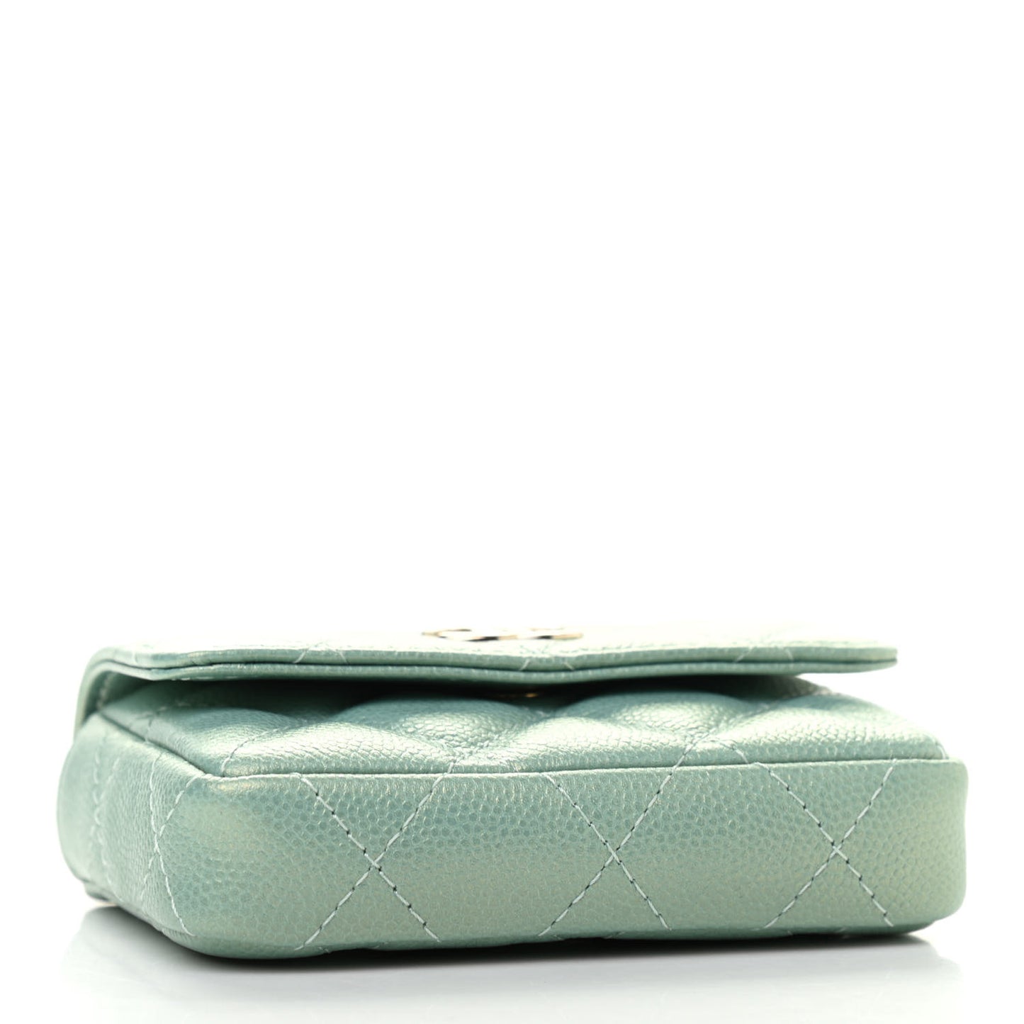 Iridescent Caviar Quilted Pearl On Top Coin Purse With Chain Light Green
