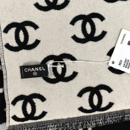 Chanel Wool Cashmere CC Scarf Black White 3 of 4